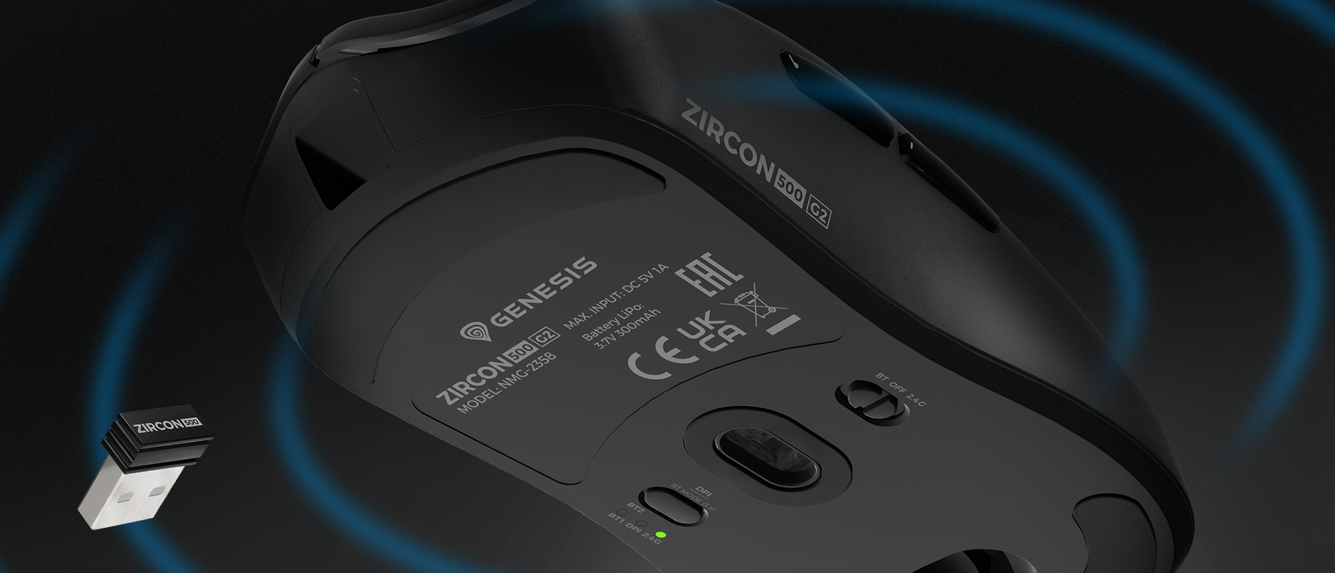 Bezprzewodowa mysz gamingowa Genesis Zircon 500 G2 w kolorze czarnym, wyposażona w precyzyjny sensor 10 000 DPI i odbiornik USB.