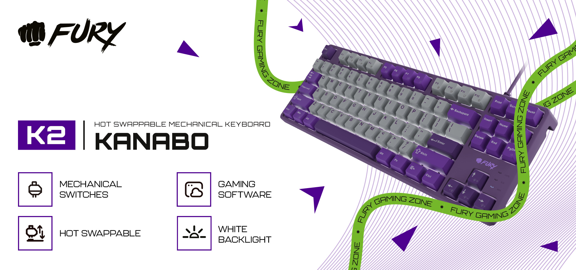 Fioletowa klawiatura mechaniczna z możliwością dostosowania klawiszy i białym podświetleniem.