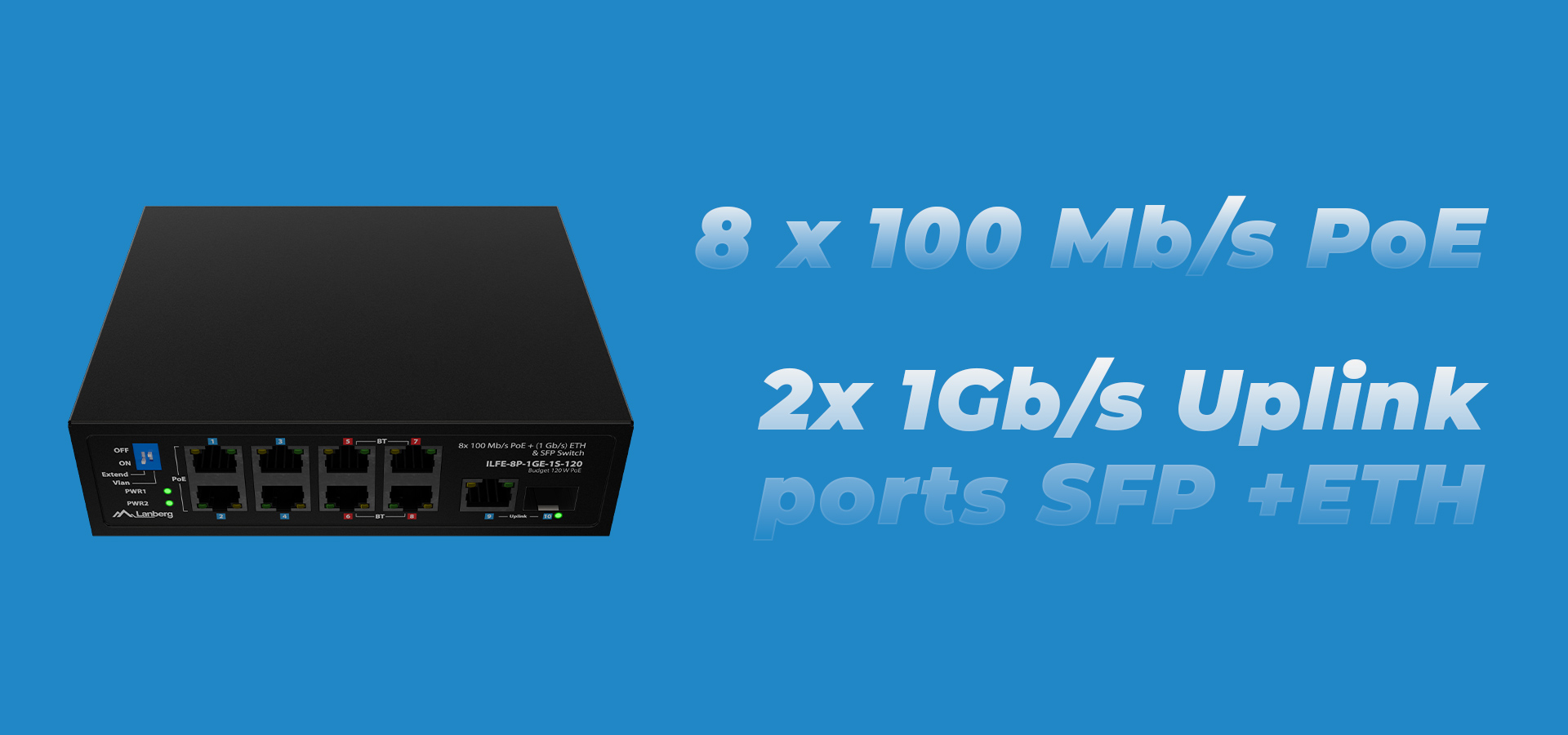 Przełącznik sieciowy z ośmioma portami zasilania poprzez Ethernet i dwoma dodatkowymi portami.