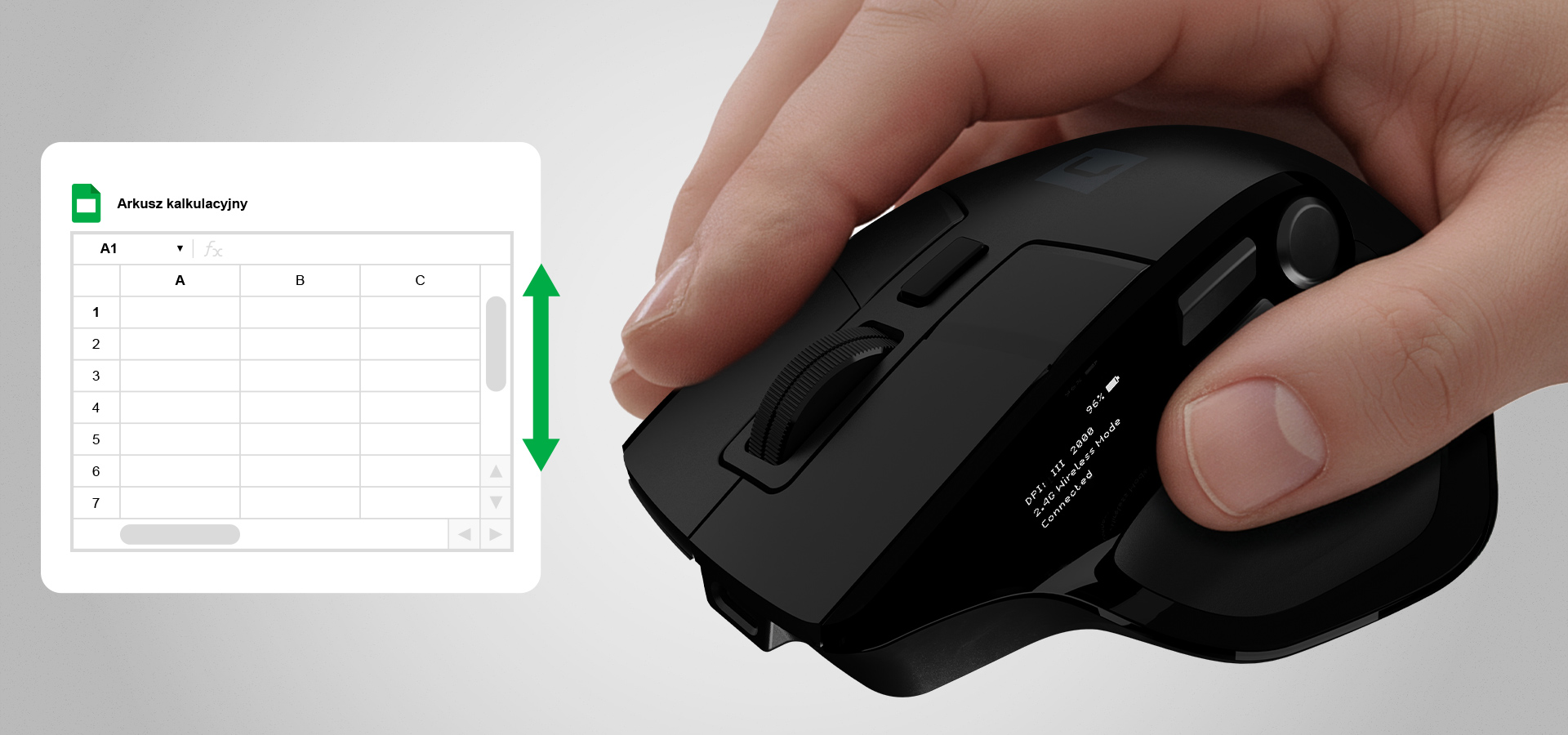 Black mouse being held above a document with a grid and arrow symbols indicating interaction.
