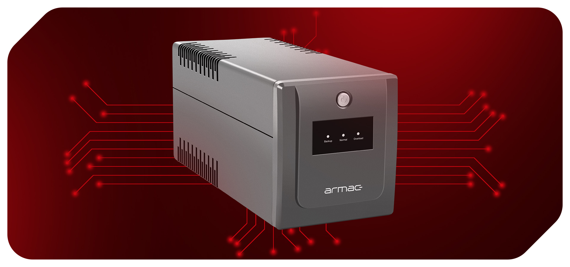 Jednostka zasilania awaryjnego z wieloma gniazdami i wyświetlaczem do monitorowania statusu.