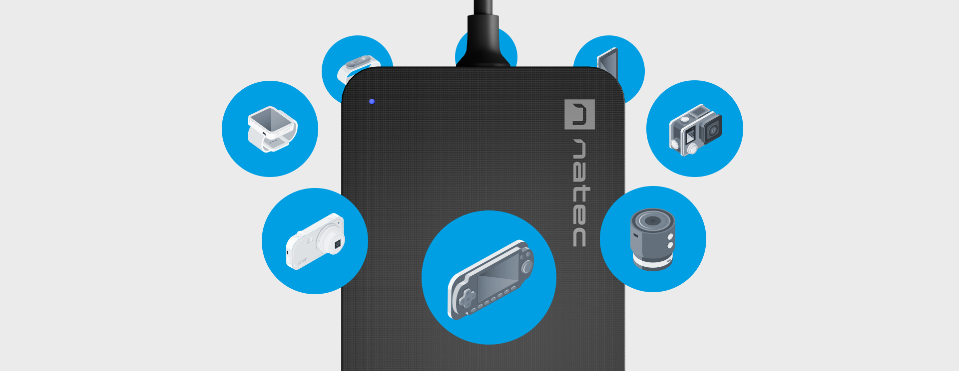 Ładowarka z ciemną teksturowaną powierzchnią i ikonami różnych urządzeń wokół niej.