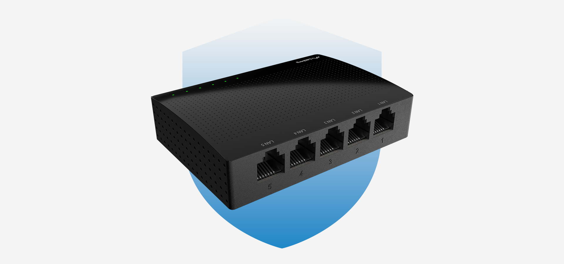 Urządzenie sieciowe z wieloma portami połączeniowymi i lampkami kontrolnymi na górze.