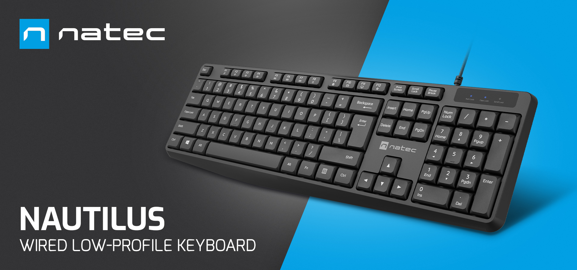 Wired low-profile keyboard in black with a connection cable and standard key layout.