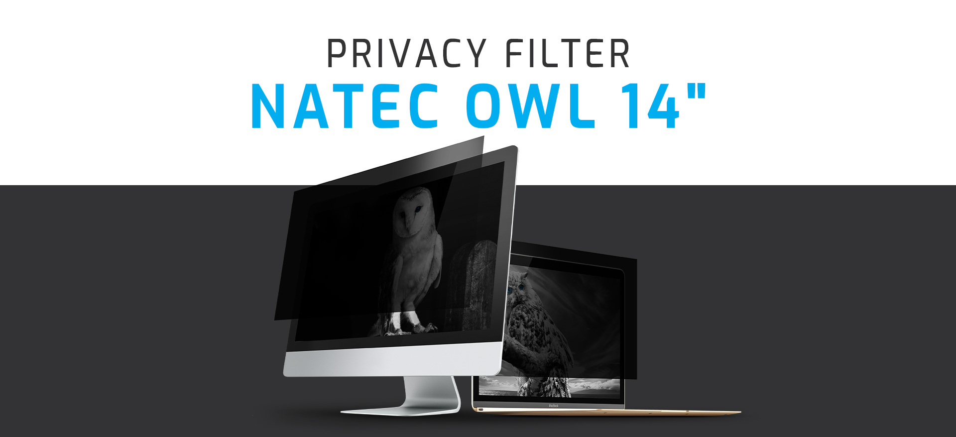 Privacy filter for 14" screens, featuring the Natec Owl design, presented on two computer monitors