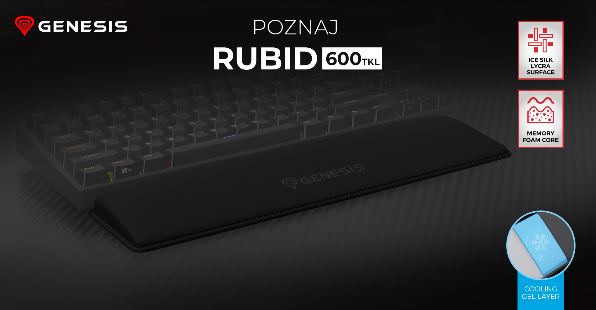 Klawiatura gamingowa z eleganckim designem i podkładką pod nadgarstki dla komfortu.