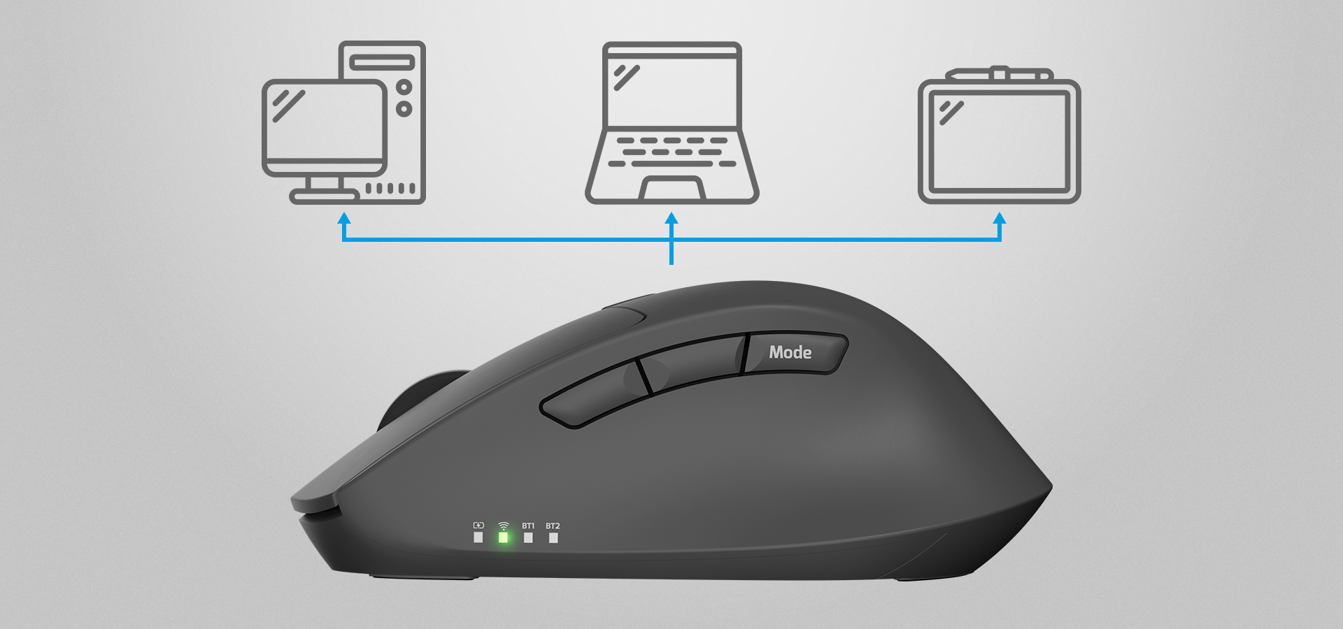 Mysz z opcjami łączności z wieloma urządzeniami i przyciskiem do zmiany trybów.