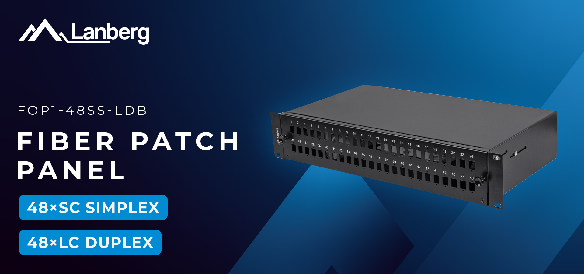 Black patch panel with multiple ports for connecting fiber optic cables.