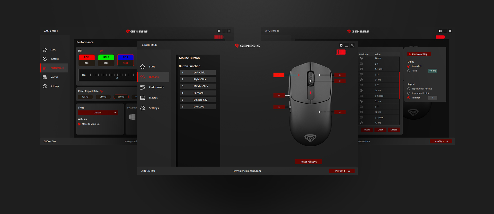 Interfejs konfiguracyjny myszy do gier wyświetlający funkcje, ustawienia i konfigurowalne opcje Genesis Zircon 500 G2
