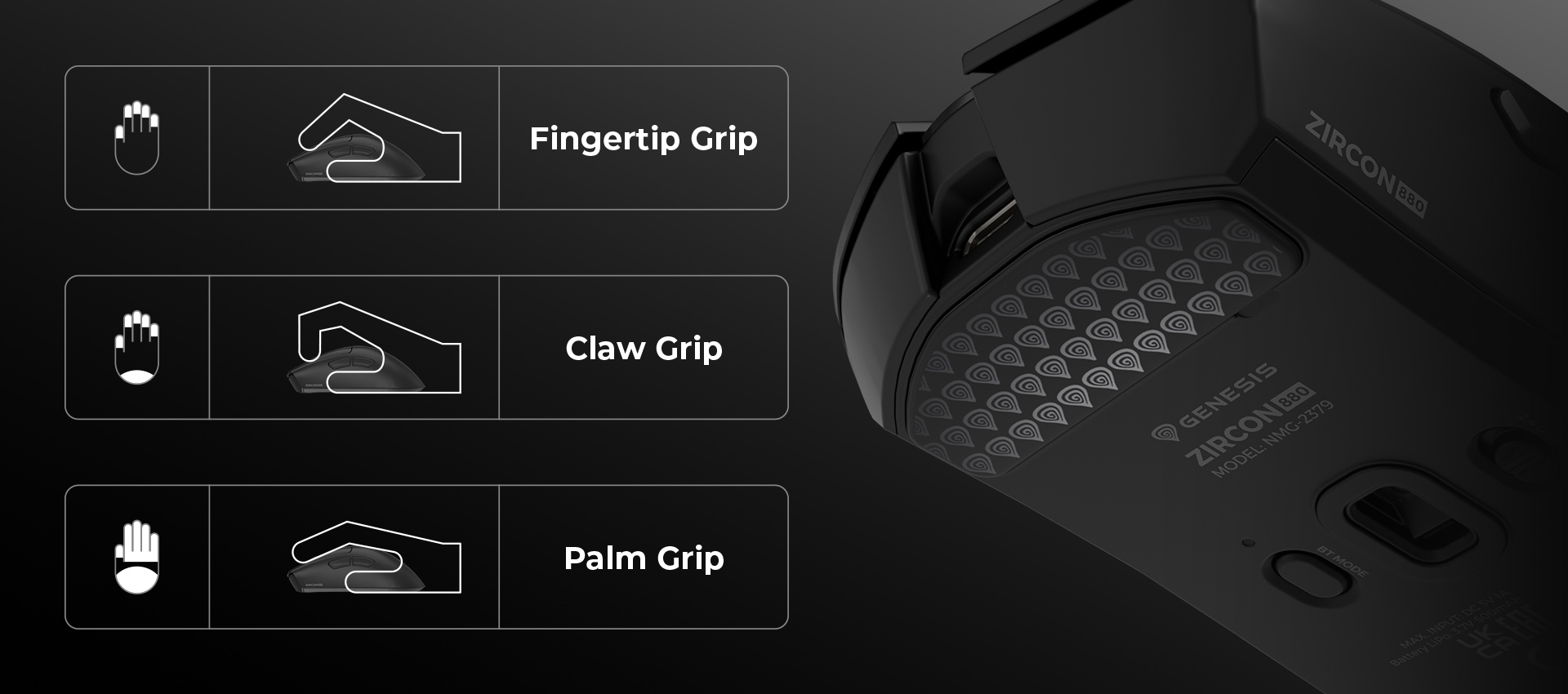 Mysz pokazująca trzy style chwytu: fingertip, claw i palm z różnymi pozycjami rąk.