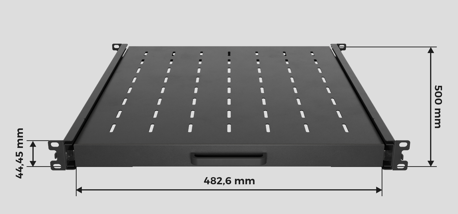 Czarna wysuwana półka 19" do szafy rack, o wymiarach 445 x 500 mm, o udźwigu 35 kg i czteropunktowym mocowaniu, wyposażona w otwory wentylacyjne.