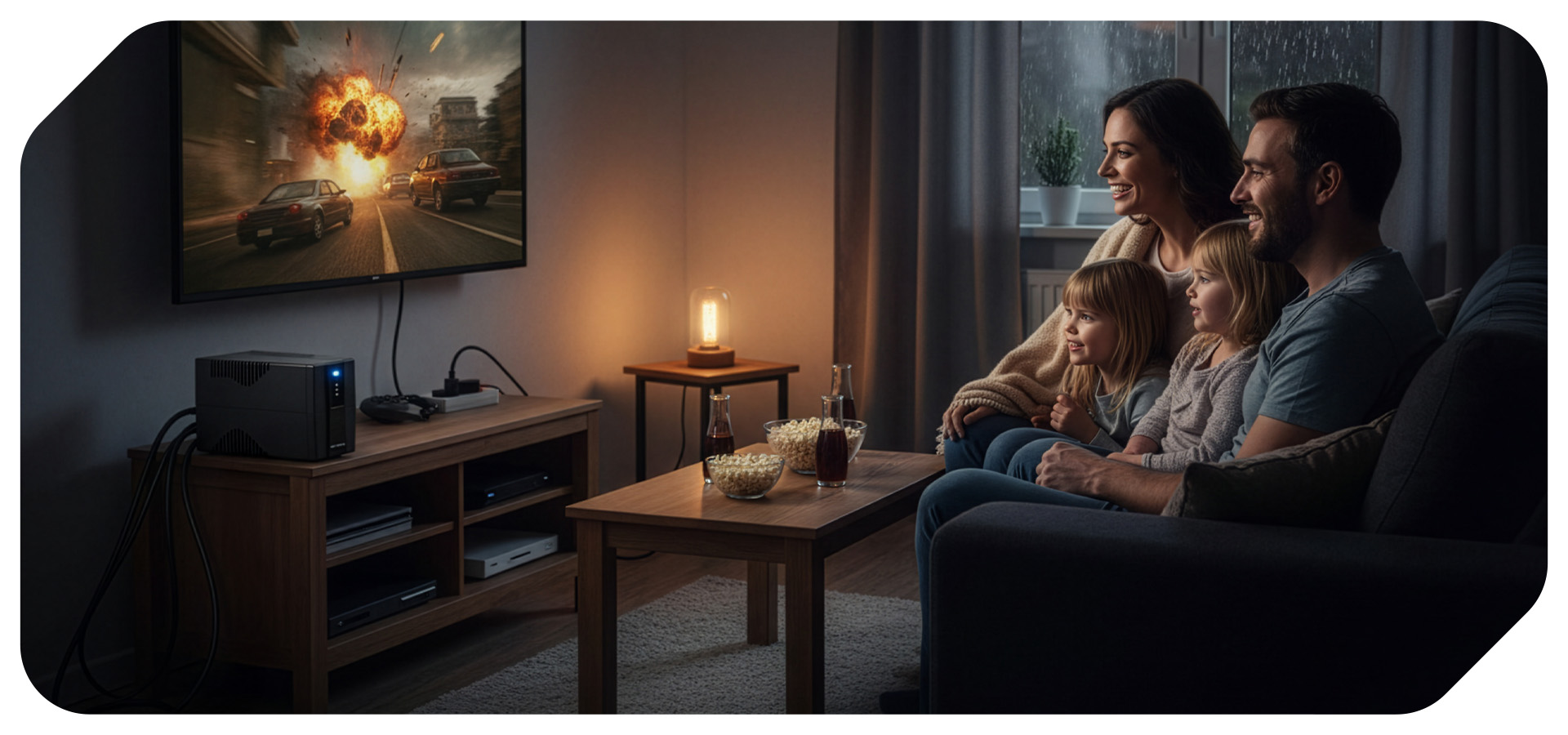 Rodzina cieszy się wieczorem filmowym na kanapie, jedząc popcorn i oglądając telewizję.