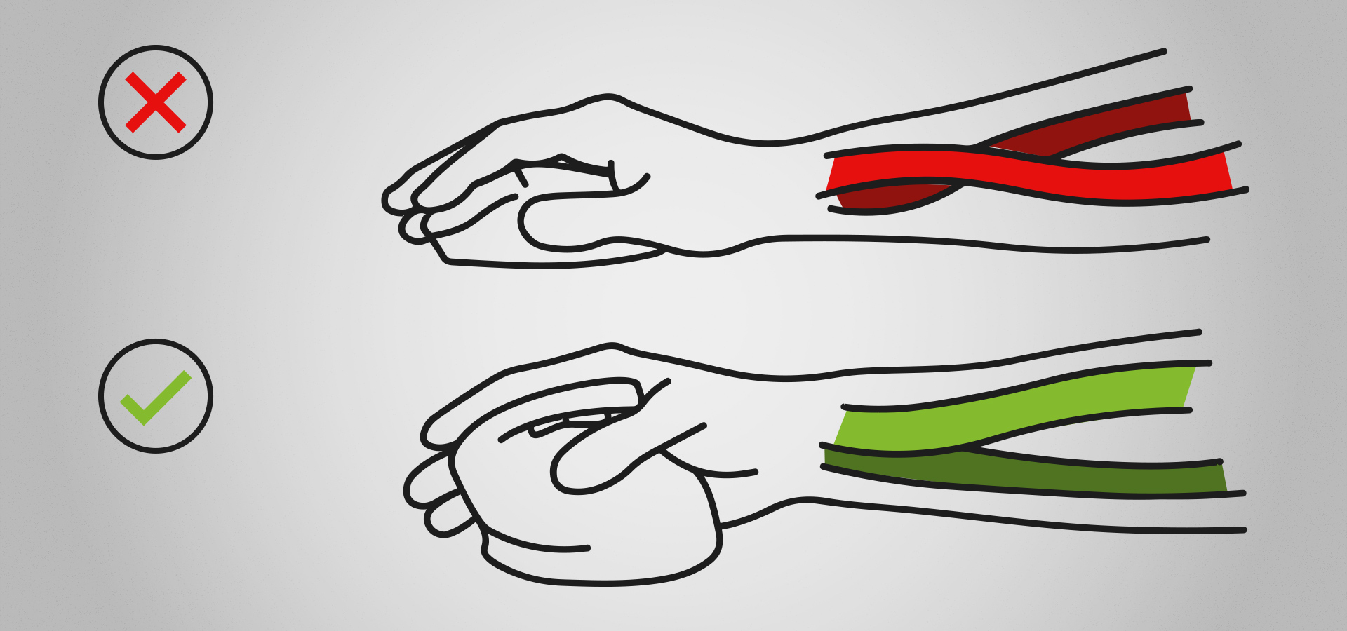 Illustration showing proper and improper hand positioning while using a device.
