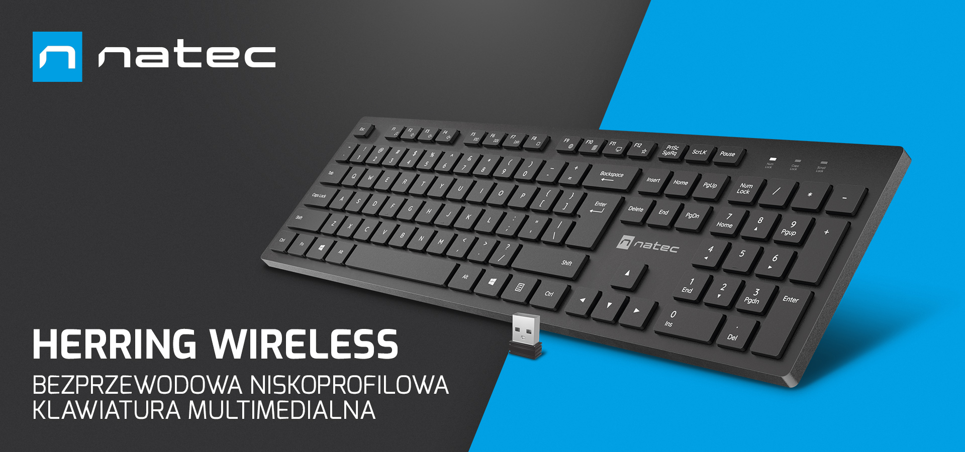 Bezprzewodowa klawiatura multimedialna o kompaktowej konstrukcji i małym nadajniku.