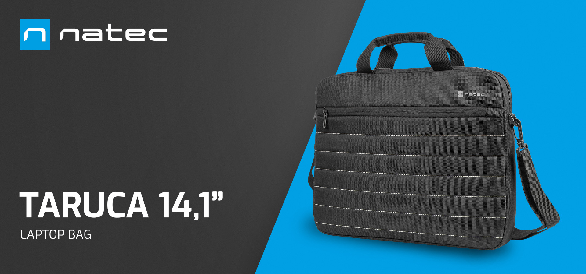 Black Natec Taruca 14.1" laptop bag with handles and adjustable strap, featuring a sleek, padded design