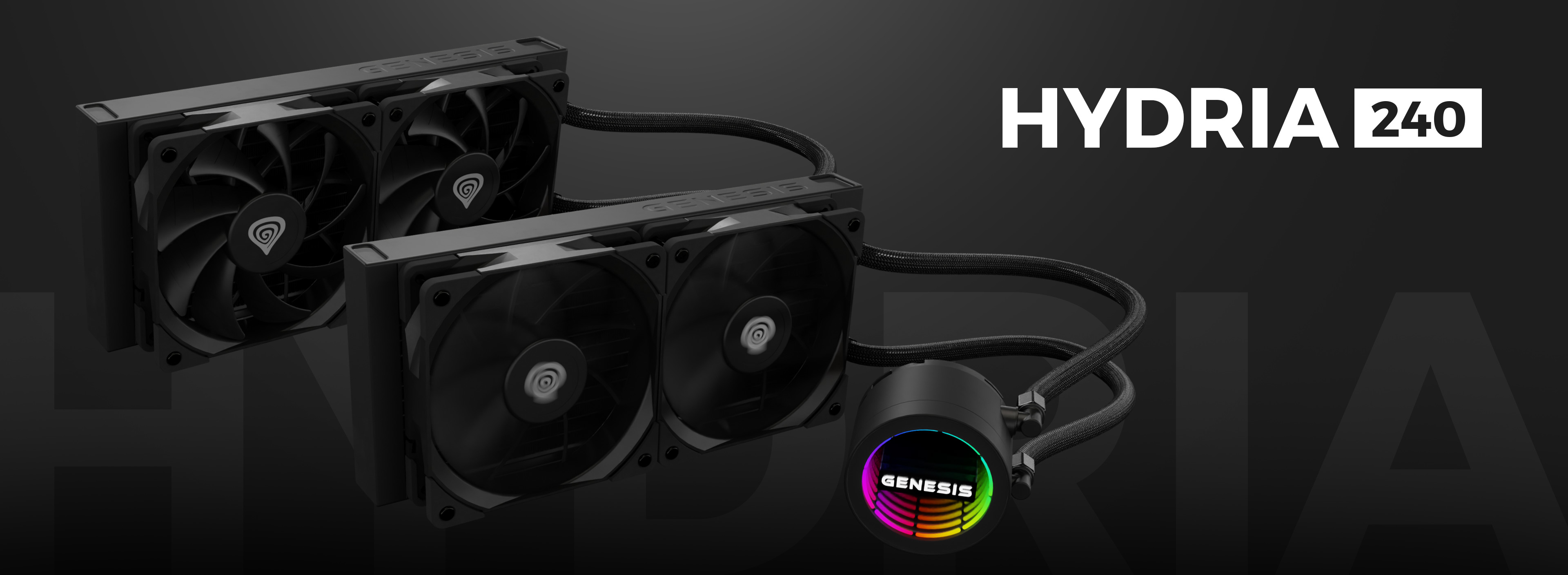 Schwarzes Genesis Hydria 240 Wasserkühlsystem mit zwei Lüftern und einer RGB-Pumpe für verbesserte Ästhetik und Leistung