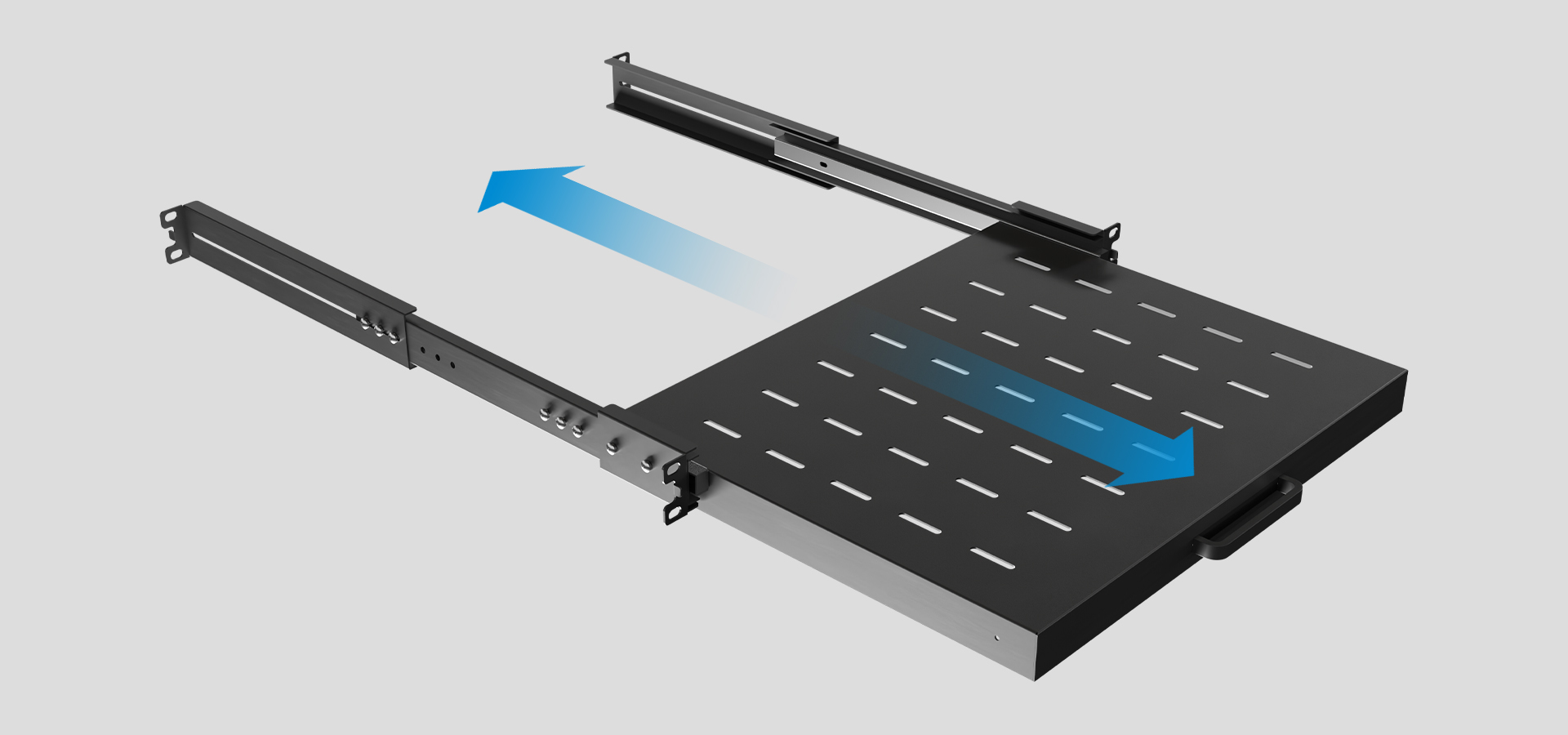 Wysuwana czarna półka rack, rozmiar 1U (445x350 mm) o nośności 35 kg, z 4-punktowym mocowaniem