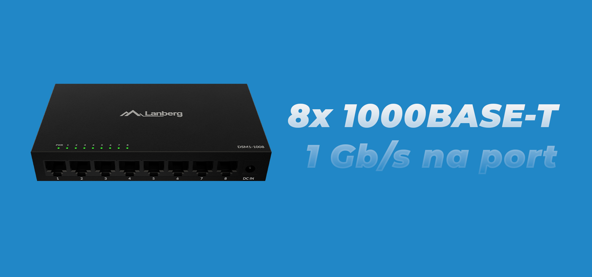 Przełącznik sieciowy z ośmioma gniazdami i wskaźnikami na przednim panelu.