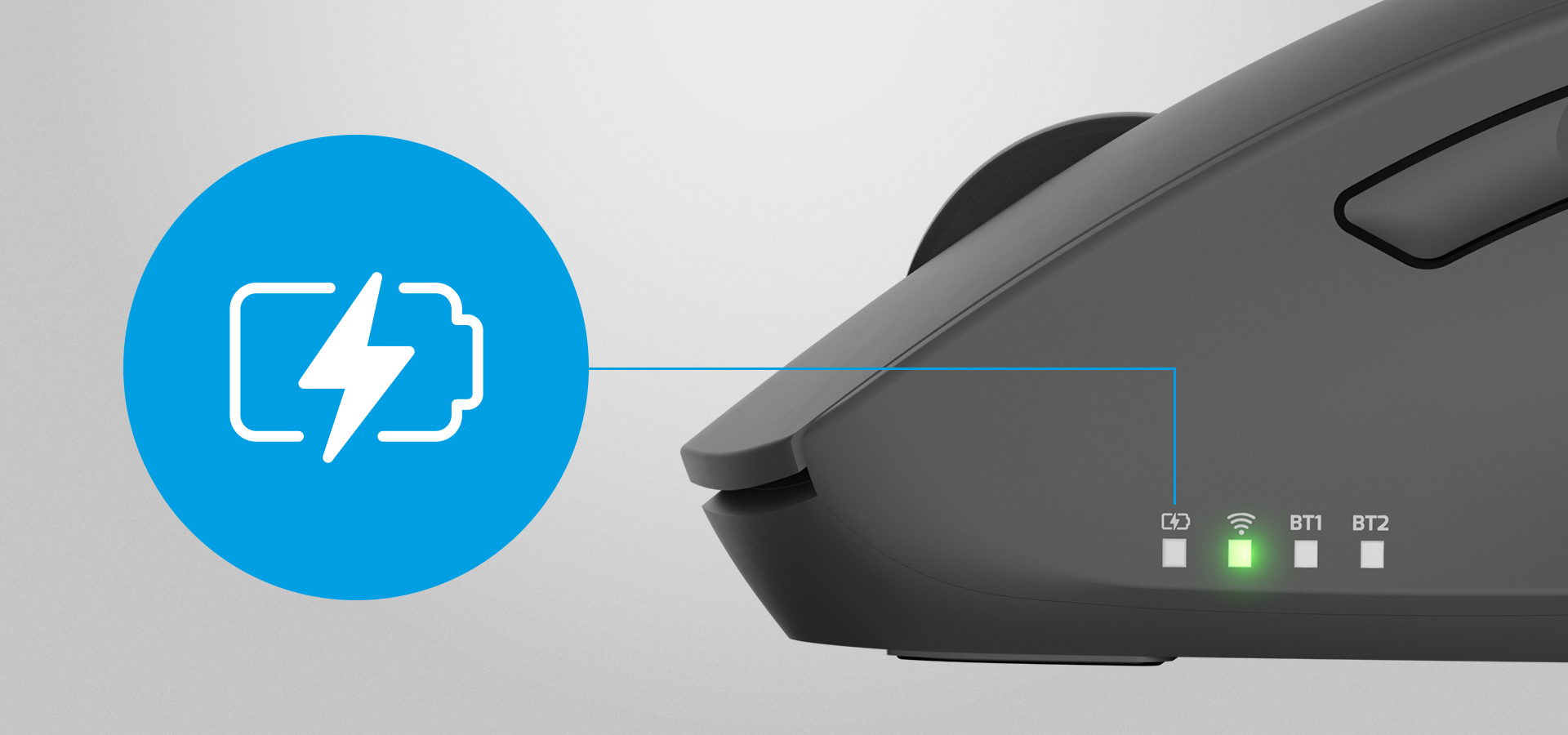 Mysz z bocznego widoku, pokazująca wskaźniki stanu naładowania i symbol ładowania.