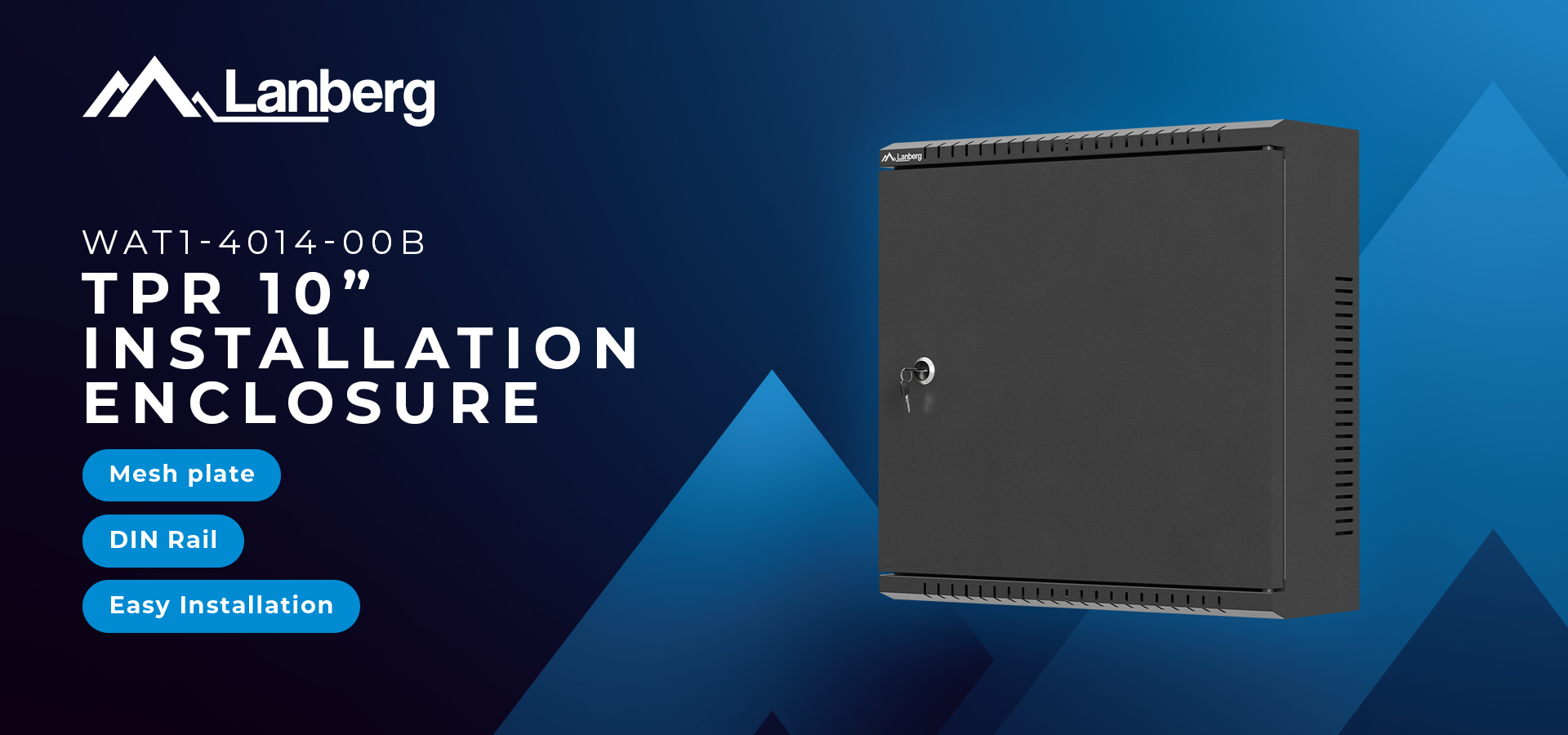 Dark enclosure with mesh plate, located on a blue gradient background for installation usage.