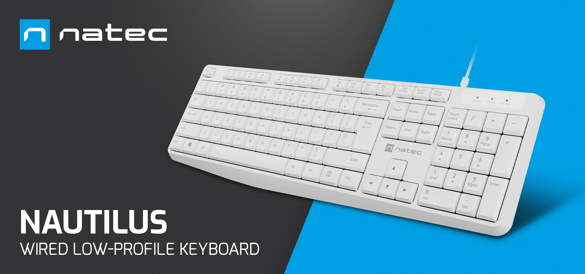 White wired keyboard with a low profile and a sleek design.