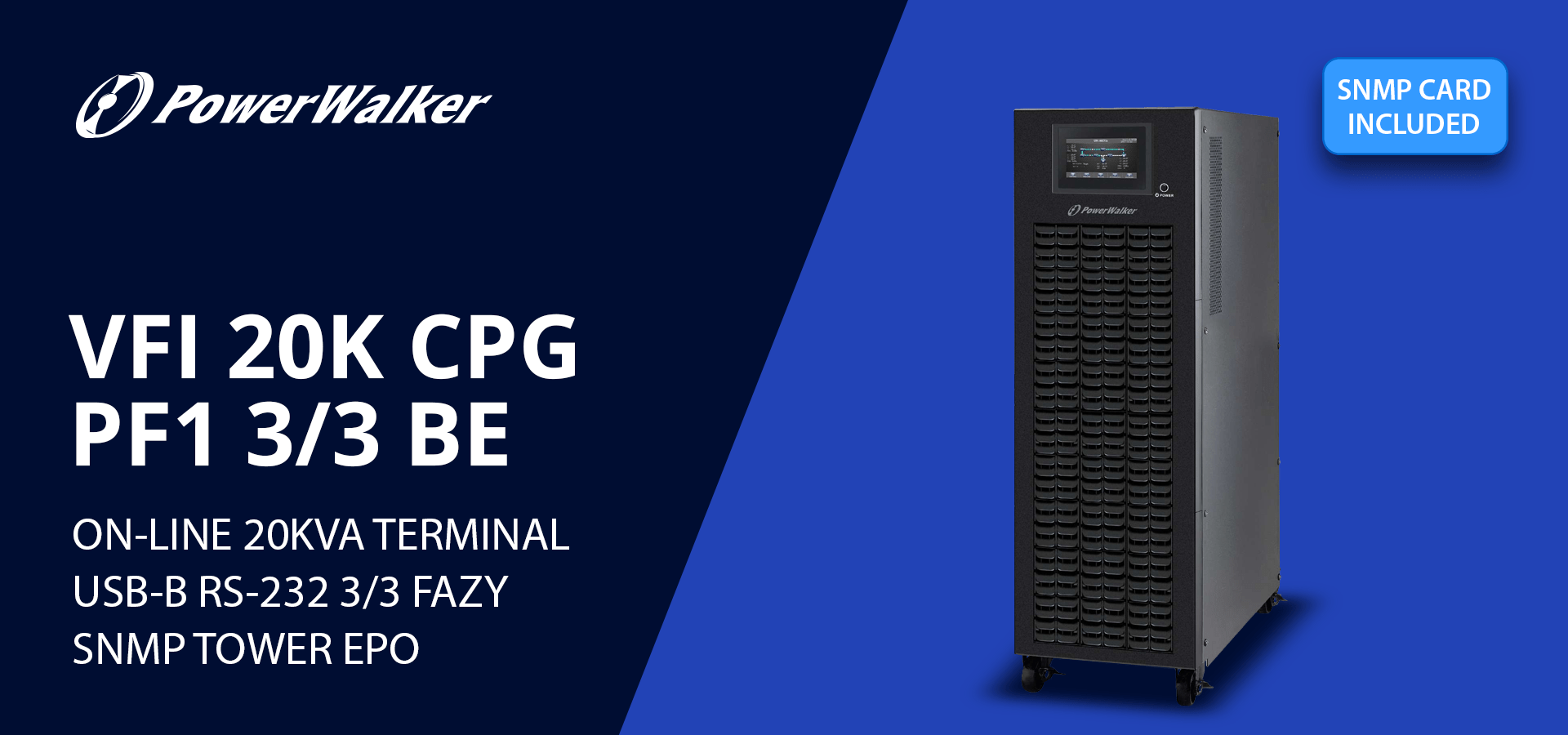 Zasilacz UPS PowerWalker VFI 20K CPG PF1 w obudowie typu tower, wyposażony w porty USB-B, RS-232 i SNMP.