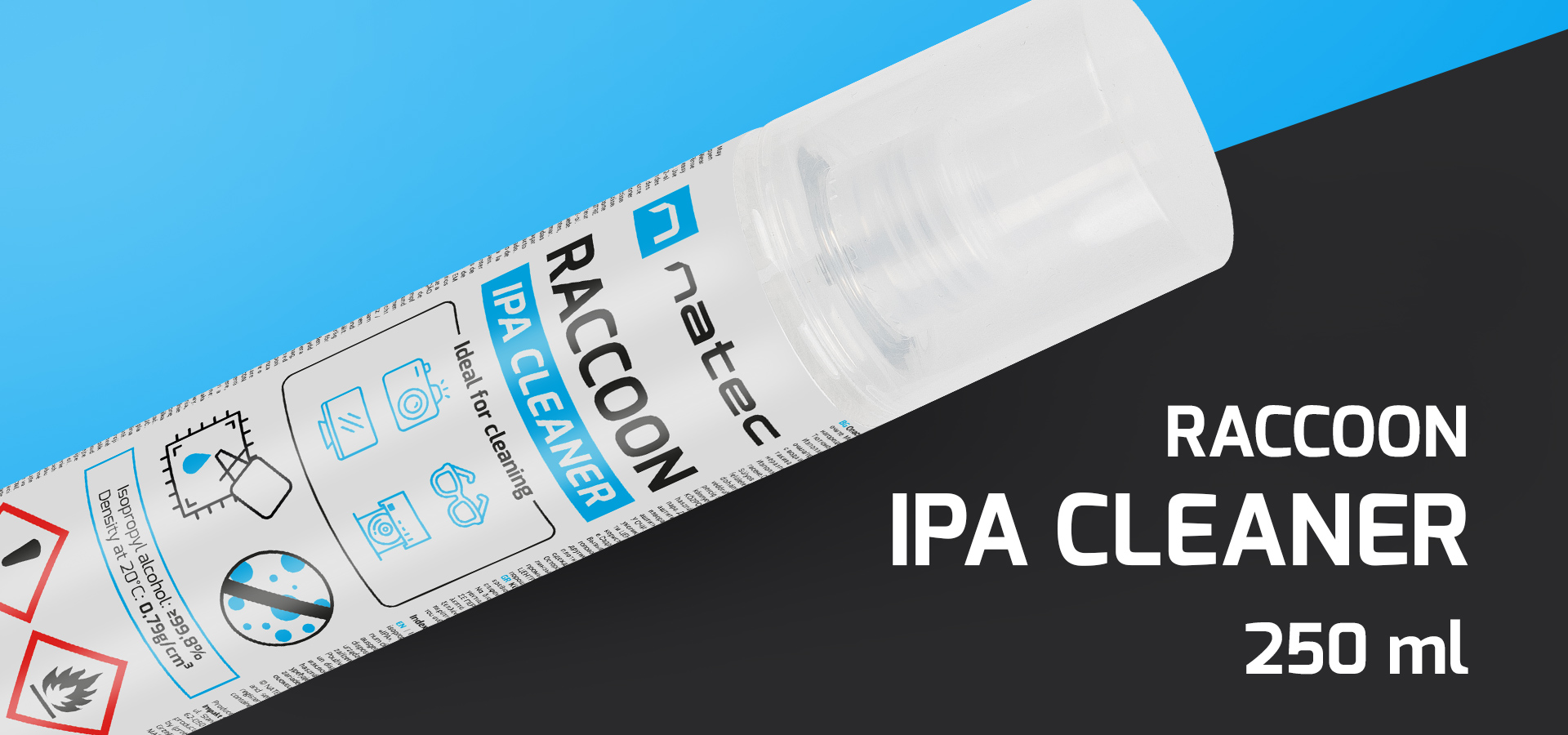 Butelka środka czyszczącego z dyszą spryskującą i etykietami bezpieczeństwa na jasnym tle.