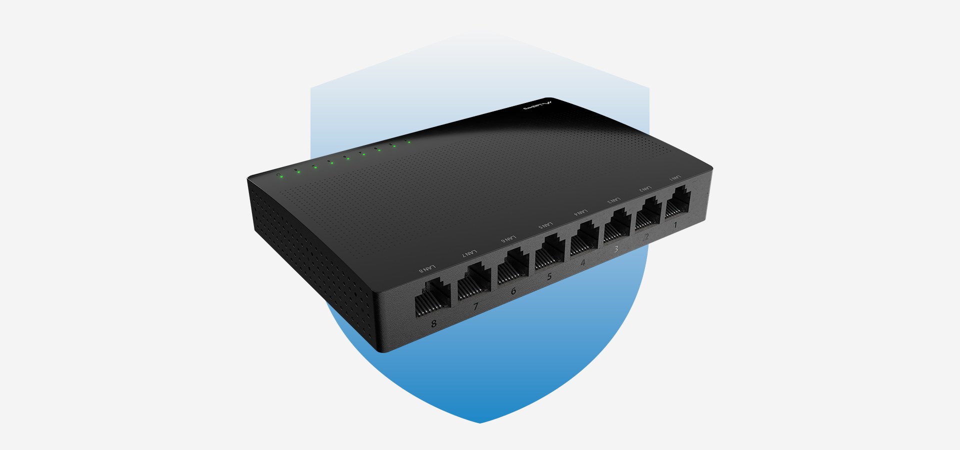 Przełącznik sieciowy z ośmioma portami połączeniowymi i lampkami wskaźnikowymi na górze.