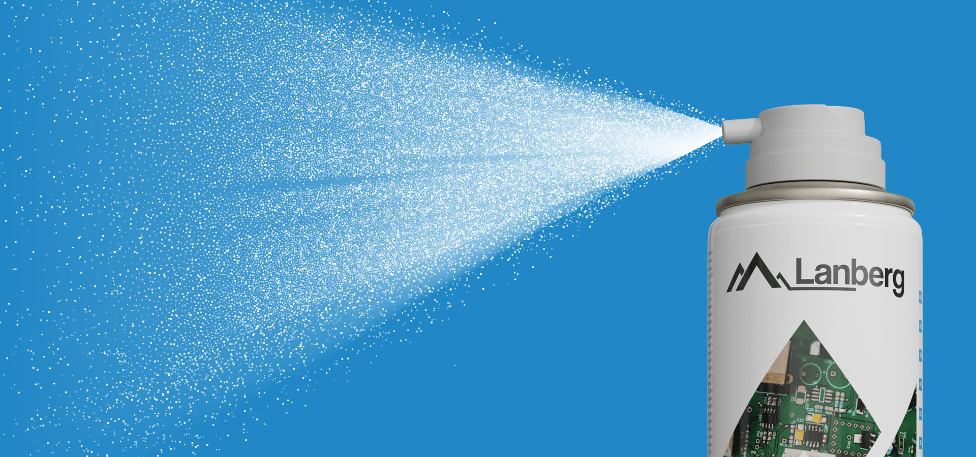 Pojemnik z dyszą rozpylającą drobną mgłę na niebieskim tle.