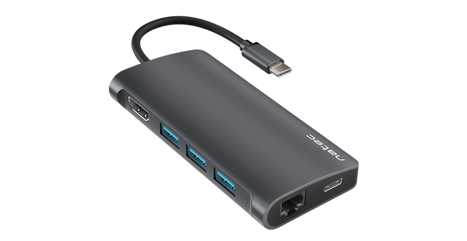 Adapter z wieloma portami, w tym trzema standardowymi i jednym portem sieciowym.