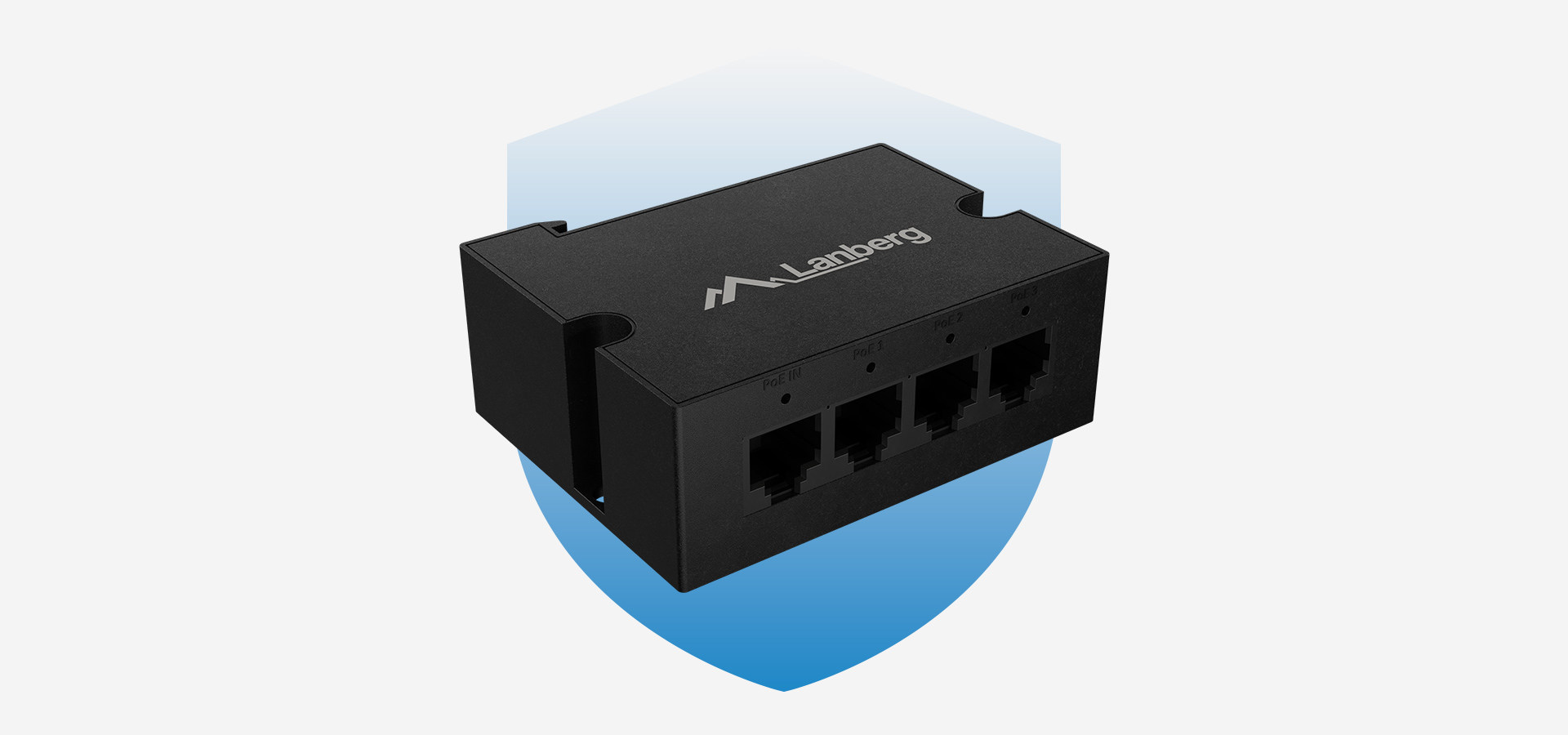 Przełącznik sieciowy z czterema portami w czarnej obudowie na jasnoniebieskim tle.
