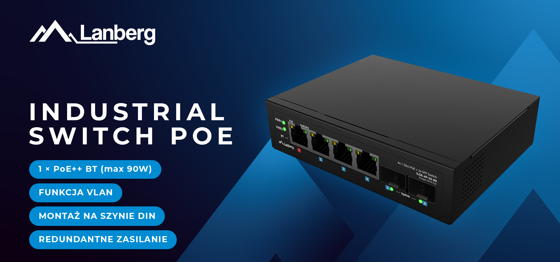 Czarny przemysłowy przełącznik sieciowy z wieloma portami i diodami LED na przednim panelu.