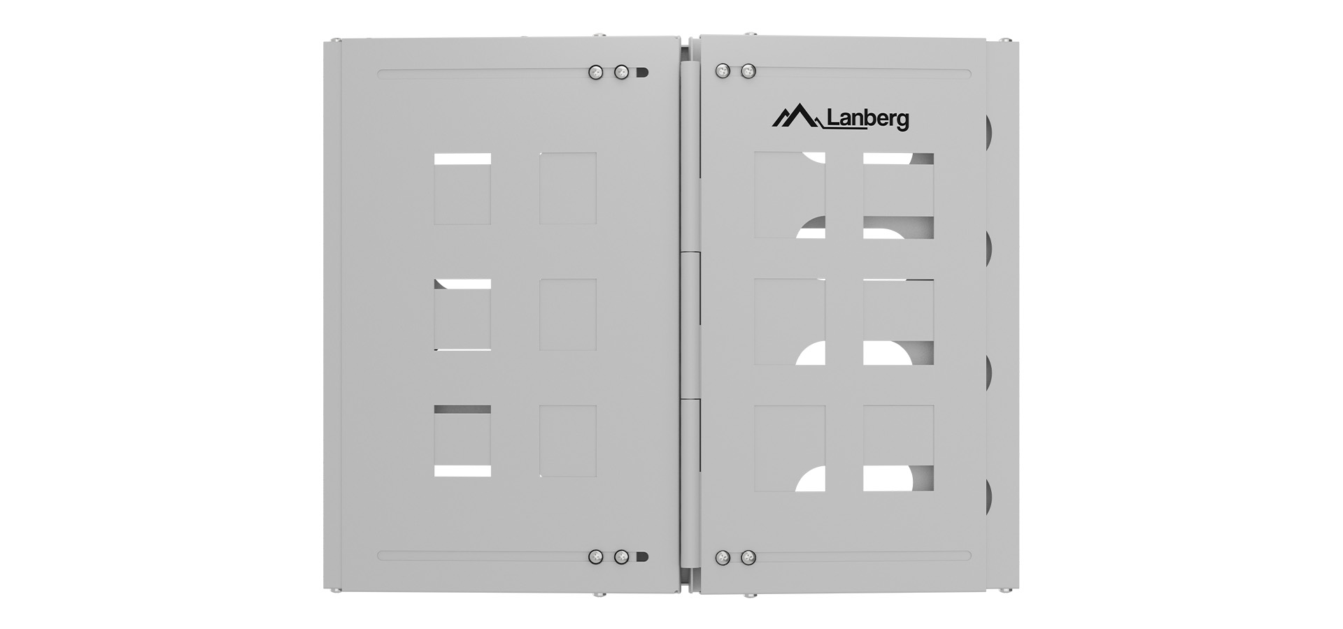 Szara obudowa z wieloma otworami i logo na przednim panelu.
