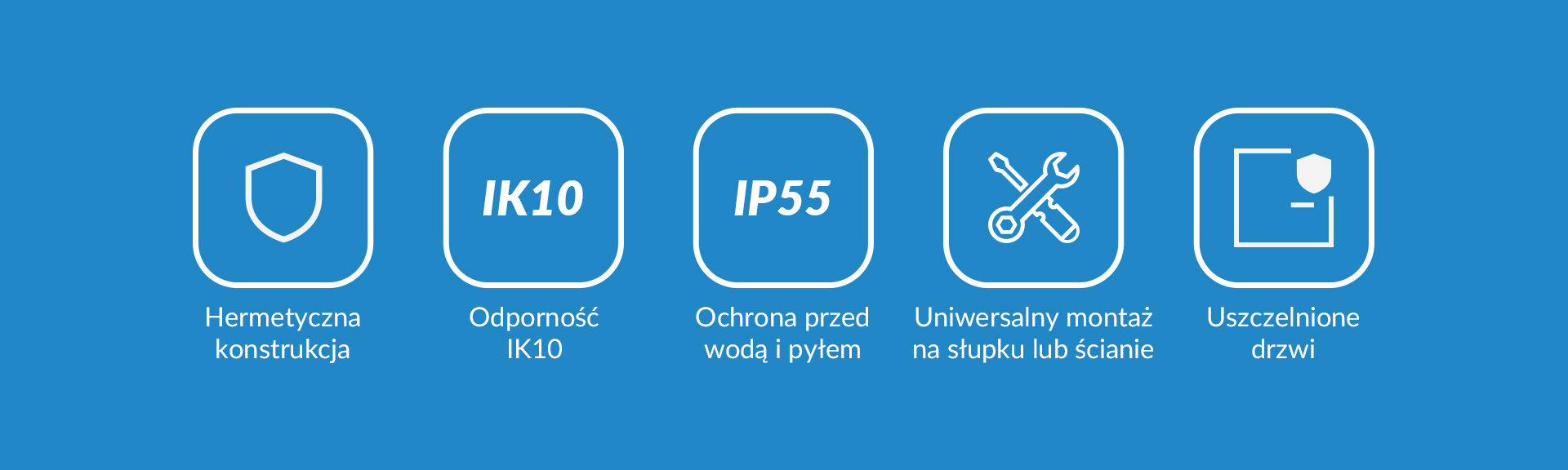 Pięć ikon przedstawiających cechy, takie jak wodoodporna ochrona i trwała konstrukcja.