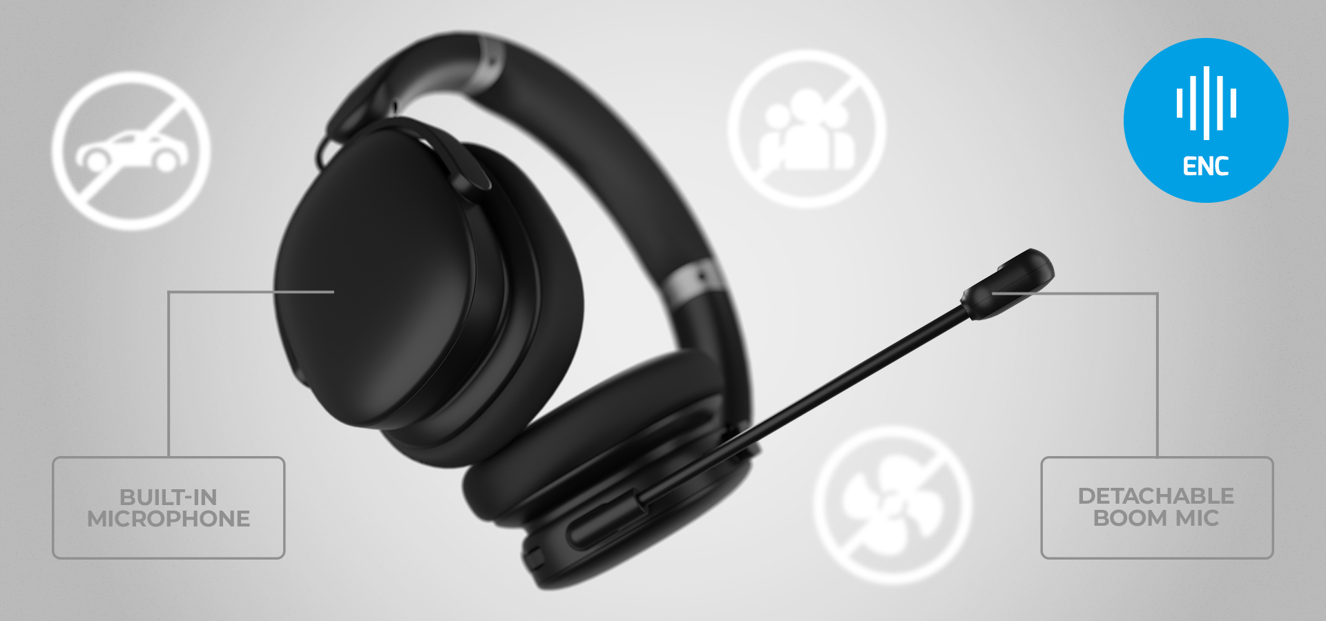 Black headset with a detachable microphone and icons indicating features around it.