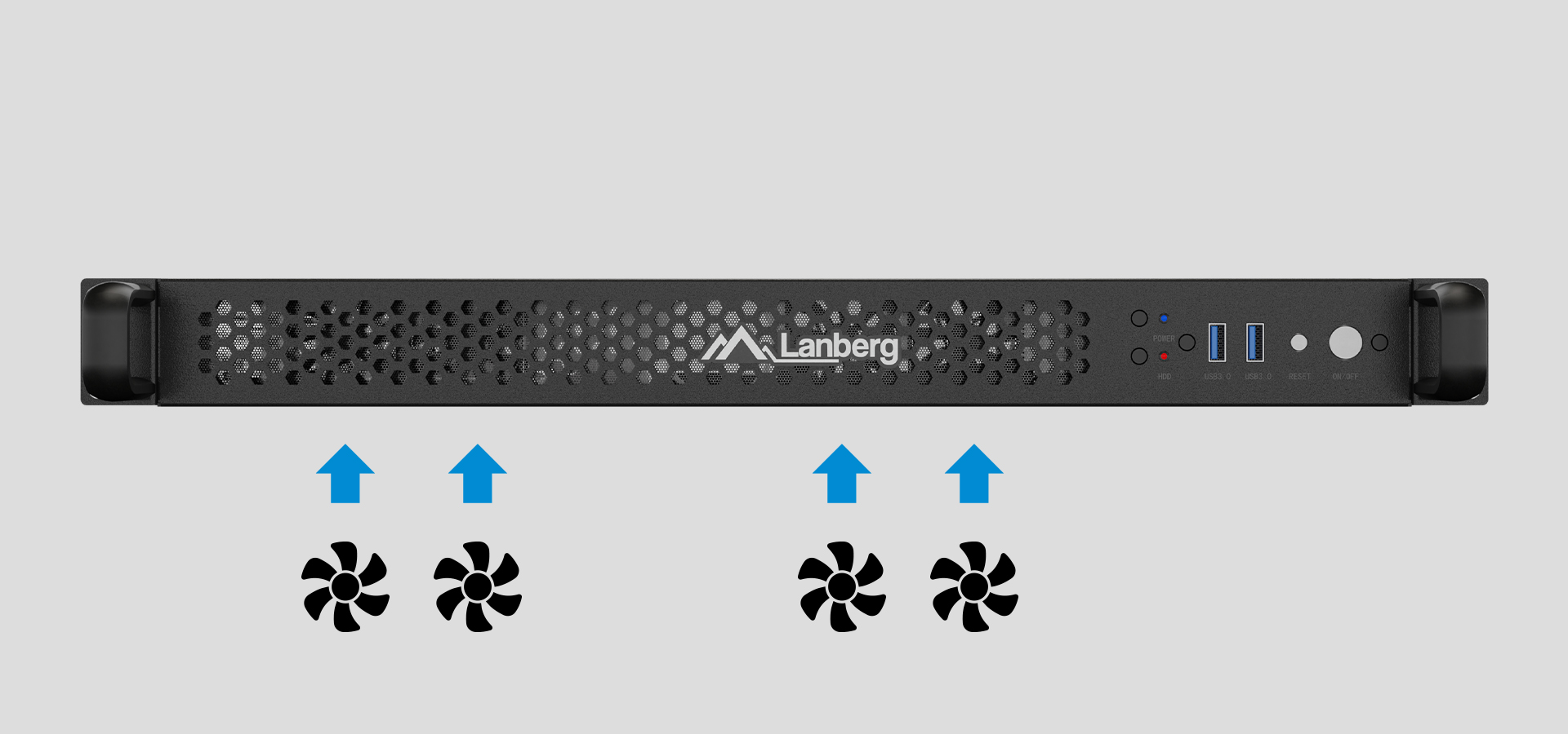 Obudowa serwerowa 1U z perforowanym panelem przednim, portami USB i przyciskiem zasilania. Dwa wentylatory oznaczone niebieskimi strzałkami