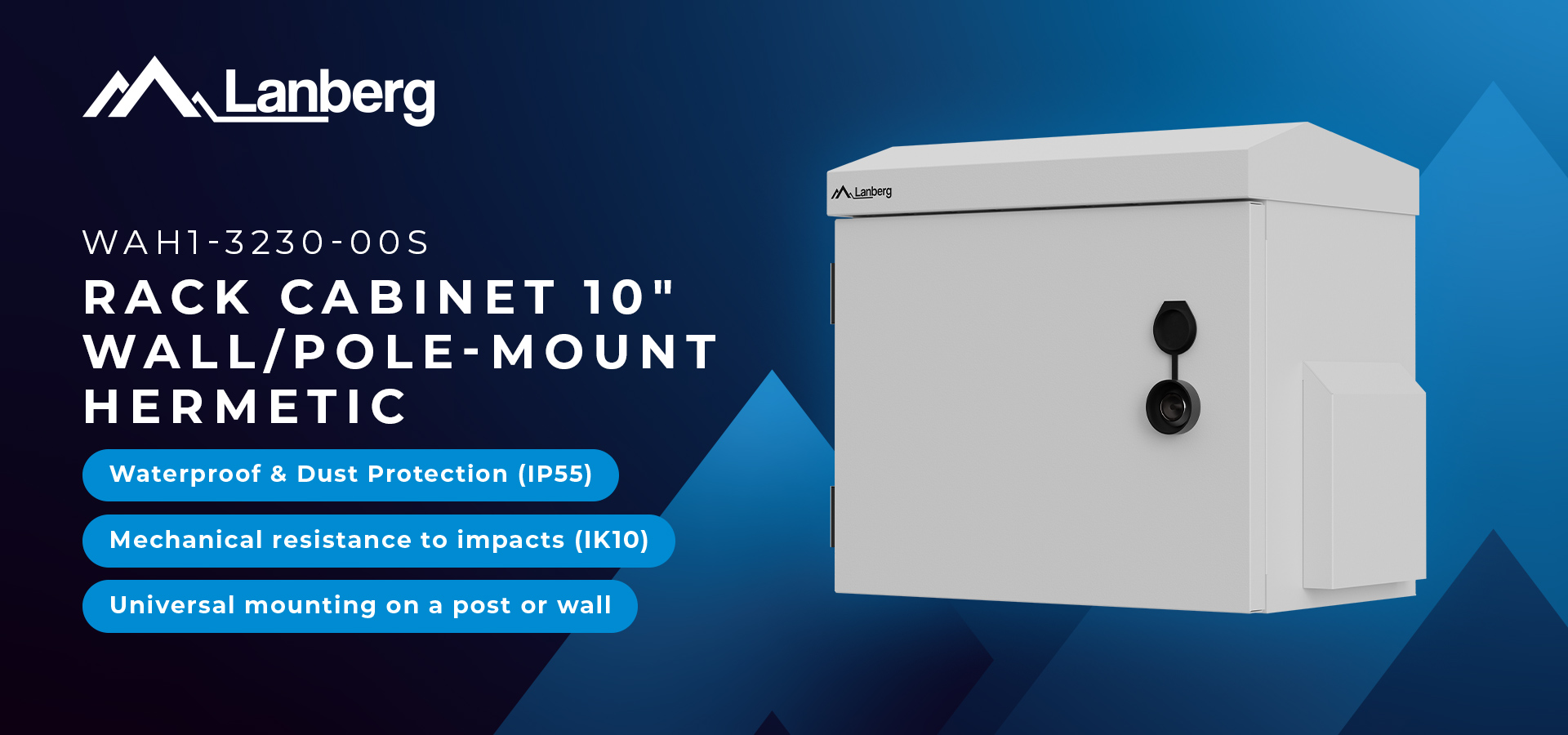 Hermetic rack cabinet suitable for wall or pole mounting with a clean, white design.