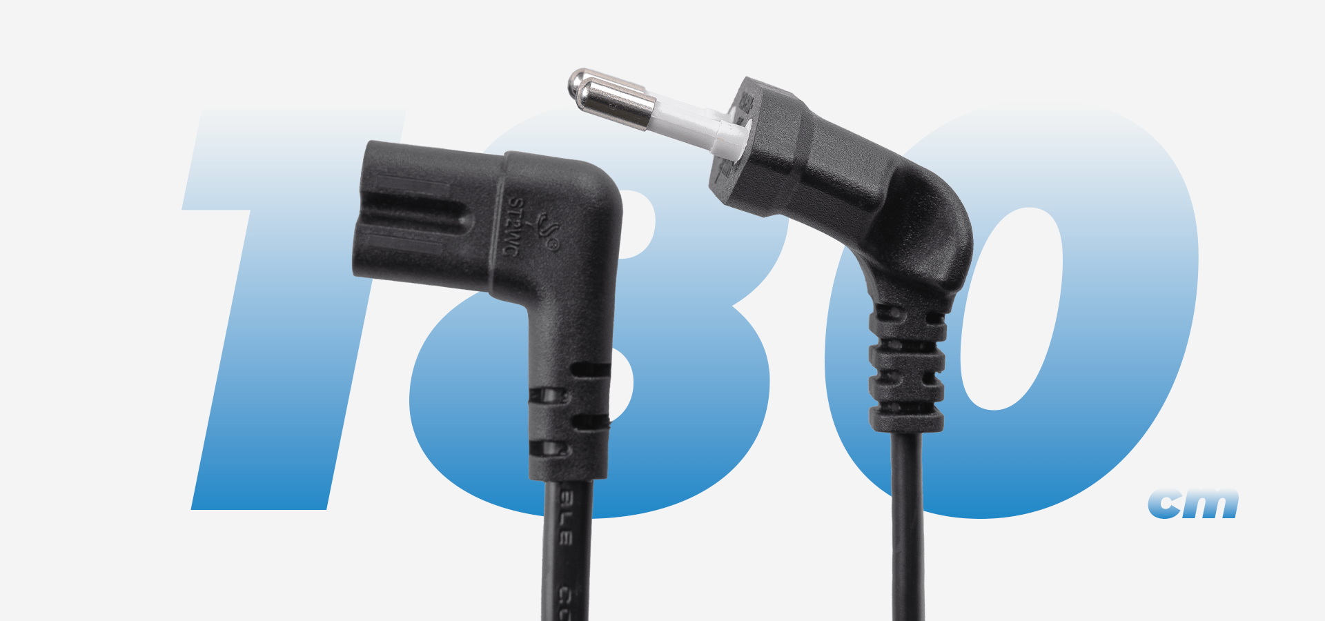 Kabel z dwoma różnymi złączami, prostym i kątowym, na niebieskim tle.