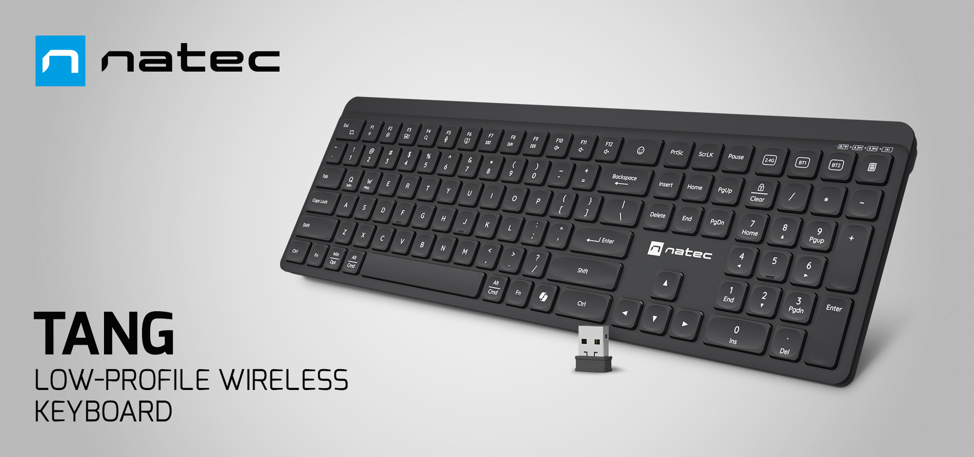 Black low-profile keyboard with multimedia keys and a small connection device.