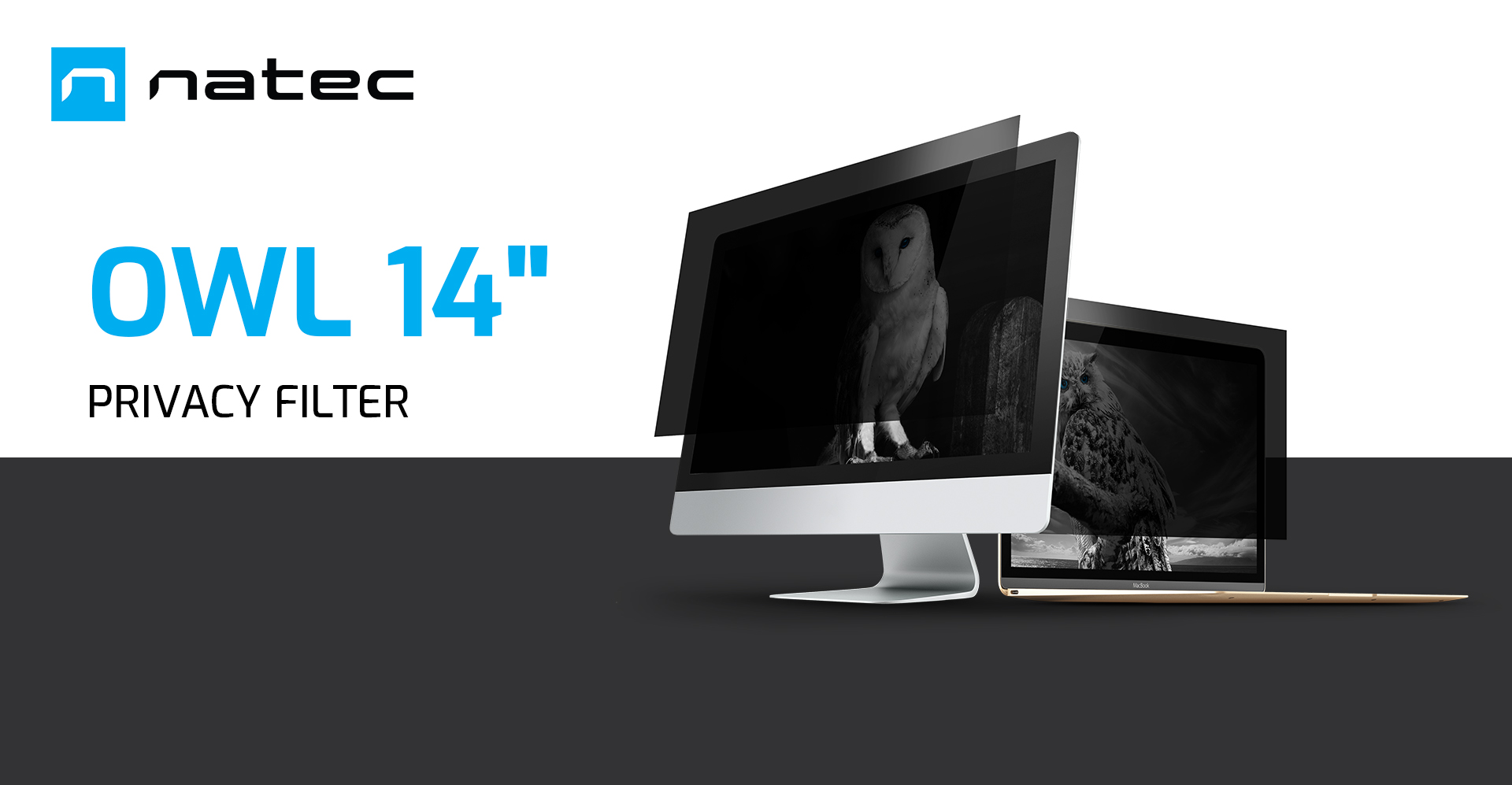 Privacy filter for 14" screens, branded Natec Owl, designed to protect against prying eyes