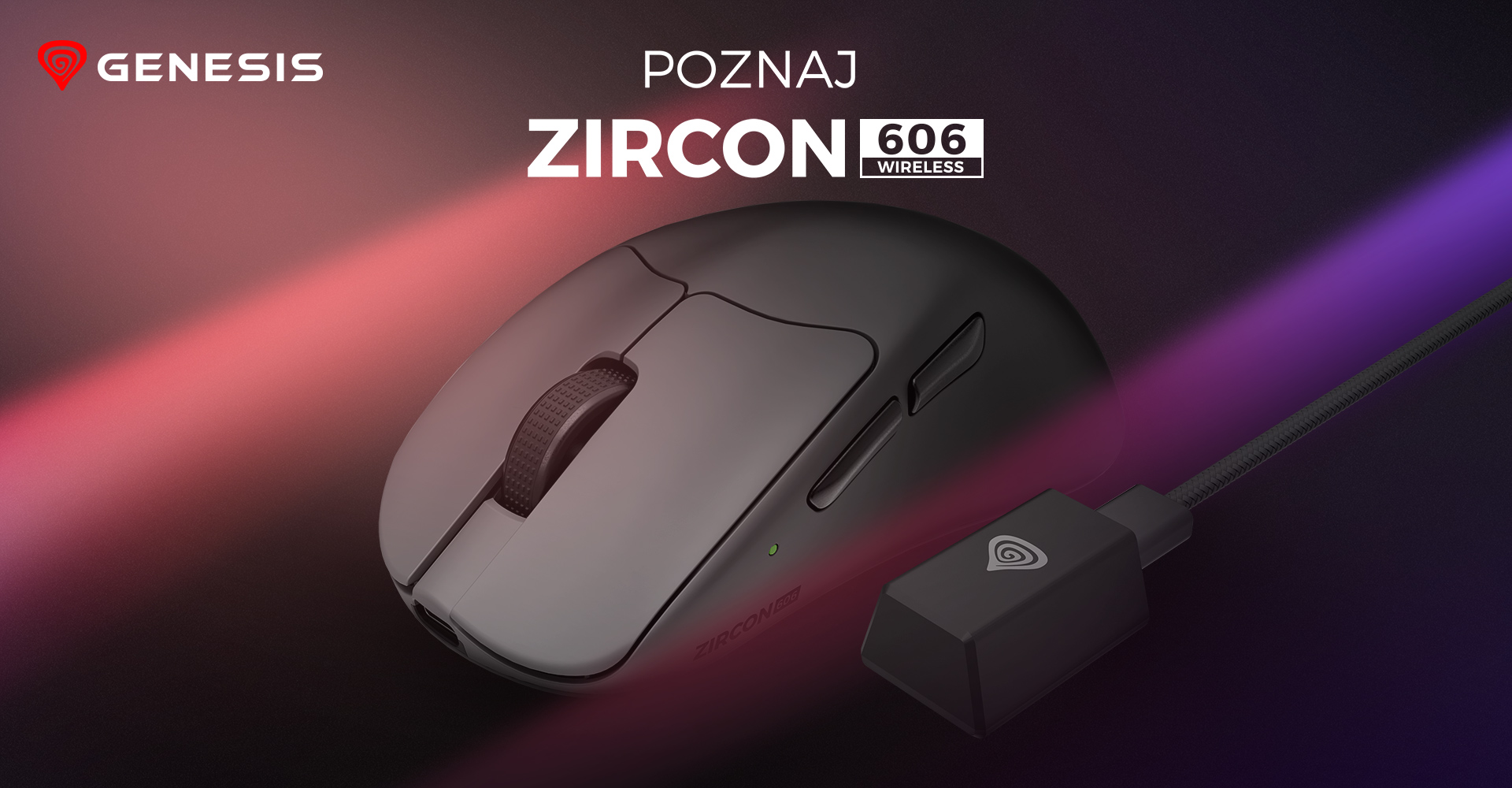 Bezdotykowa mysz gamingowa ze rozwijanym kółkiem i widocznym kablem obok.