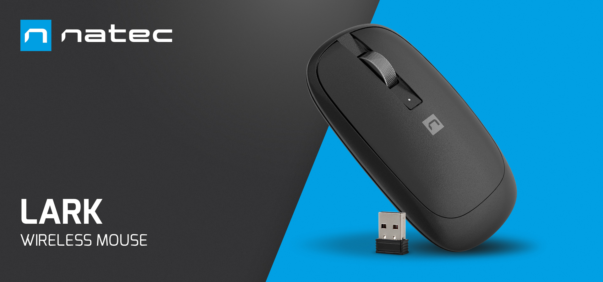 Gray wireless mouse with a compact design and a small connection adapter