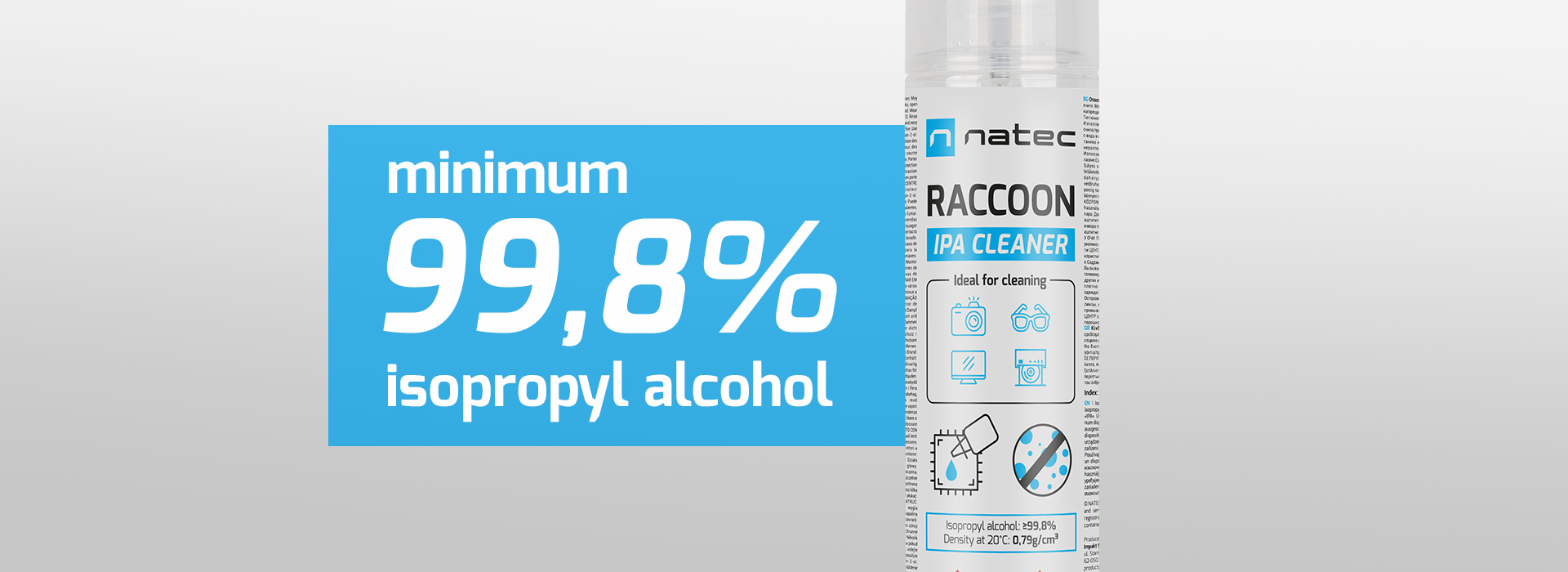 Butelka środka czyszczącego z jasnoniebieską etykietą i przezroczym płynem w środku.