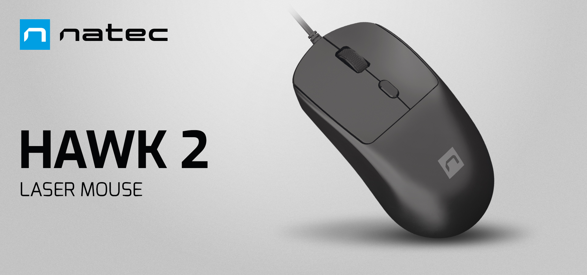 Black computer mouse with a connection cable and scroll wheel.