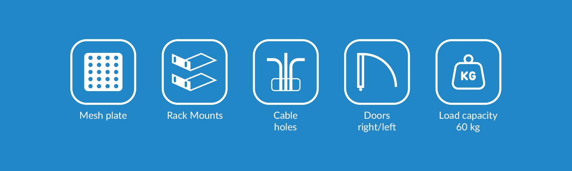Icons representing features like mesh plate, rack mounts, cable holes, doors, and load capacity.
