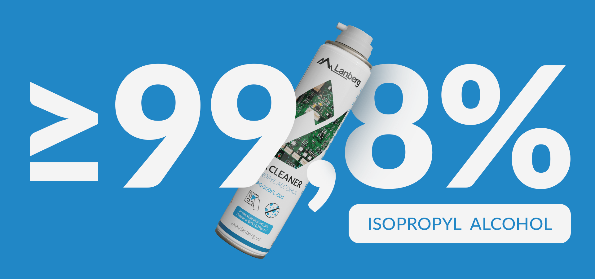 Pojemnik z środkiem czyszczącym o wysokim stężeniu alkoholu izopropylowego na niebieskim tle.