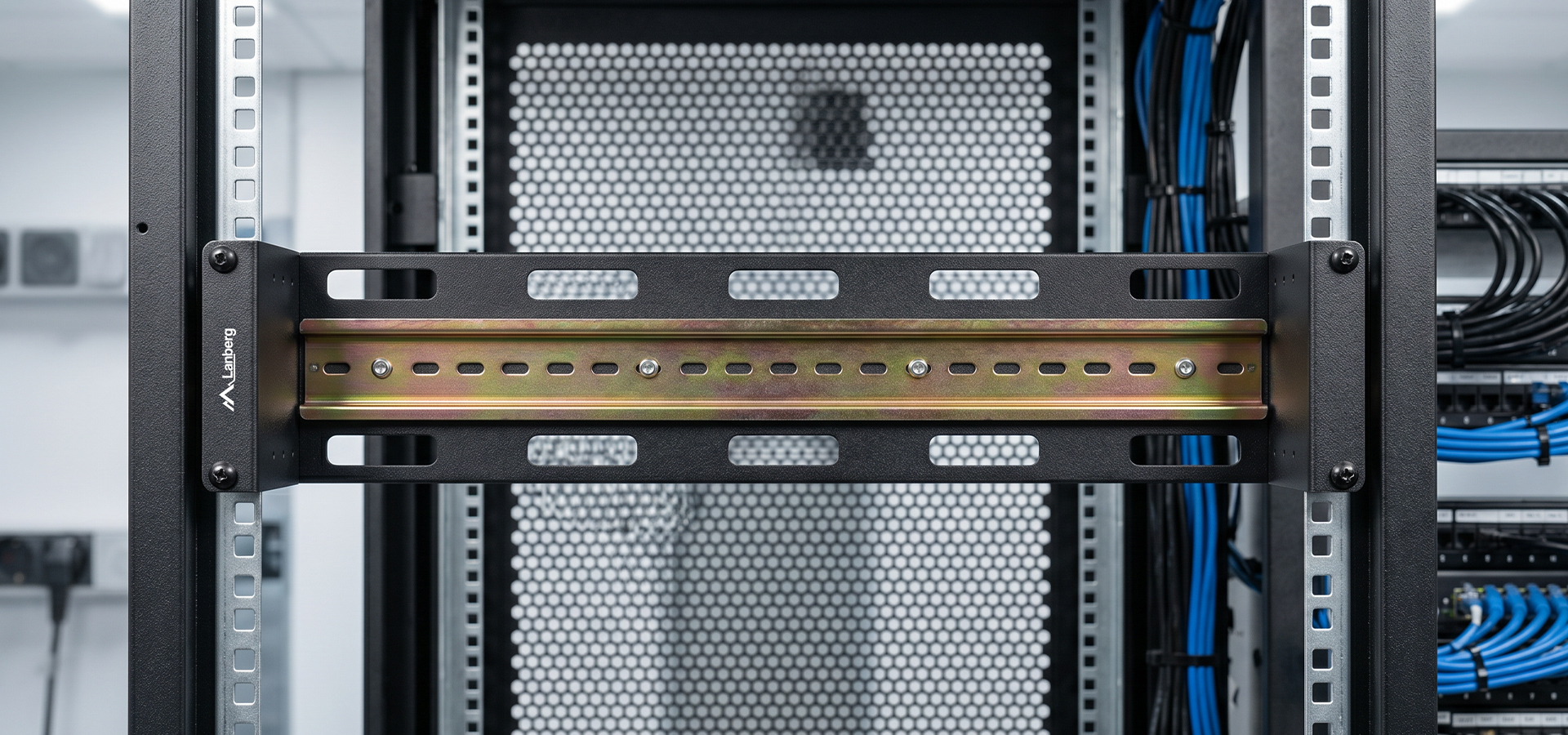 Metal bracket mounted within a server rack, with multiple holes for securing components.