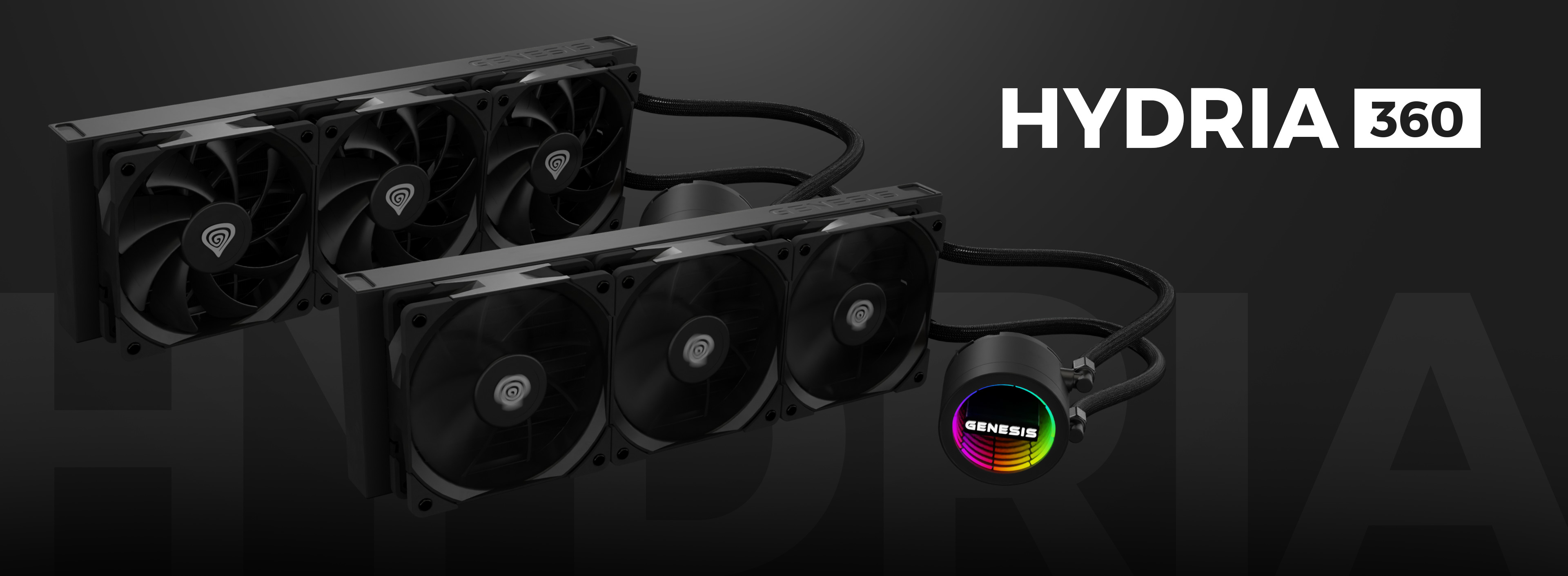Schwarzes Genesis Hydria 360 Wasserkühlsystem mit drei Lüftern und einem schlanken Pumpendesign