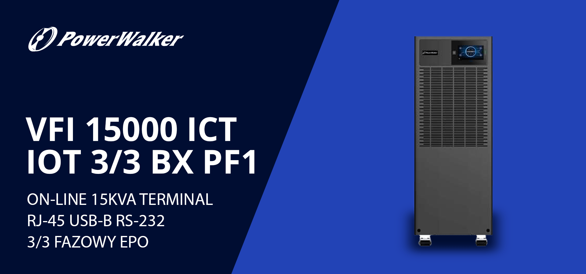 Czarny zasilacz UPS PowerWalker VFI 15000 ICT z funkcjami on-line 15KVA, złączami RJ-45, USB-B i RS-232 wyświetlanymi na niebieskim tle