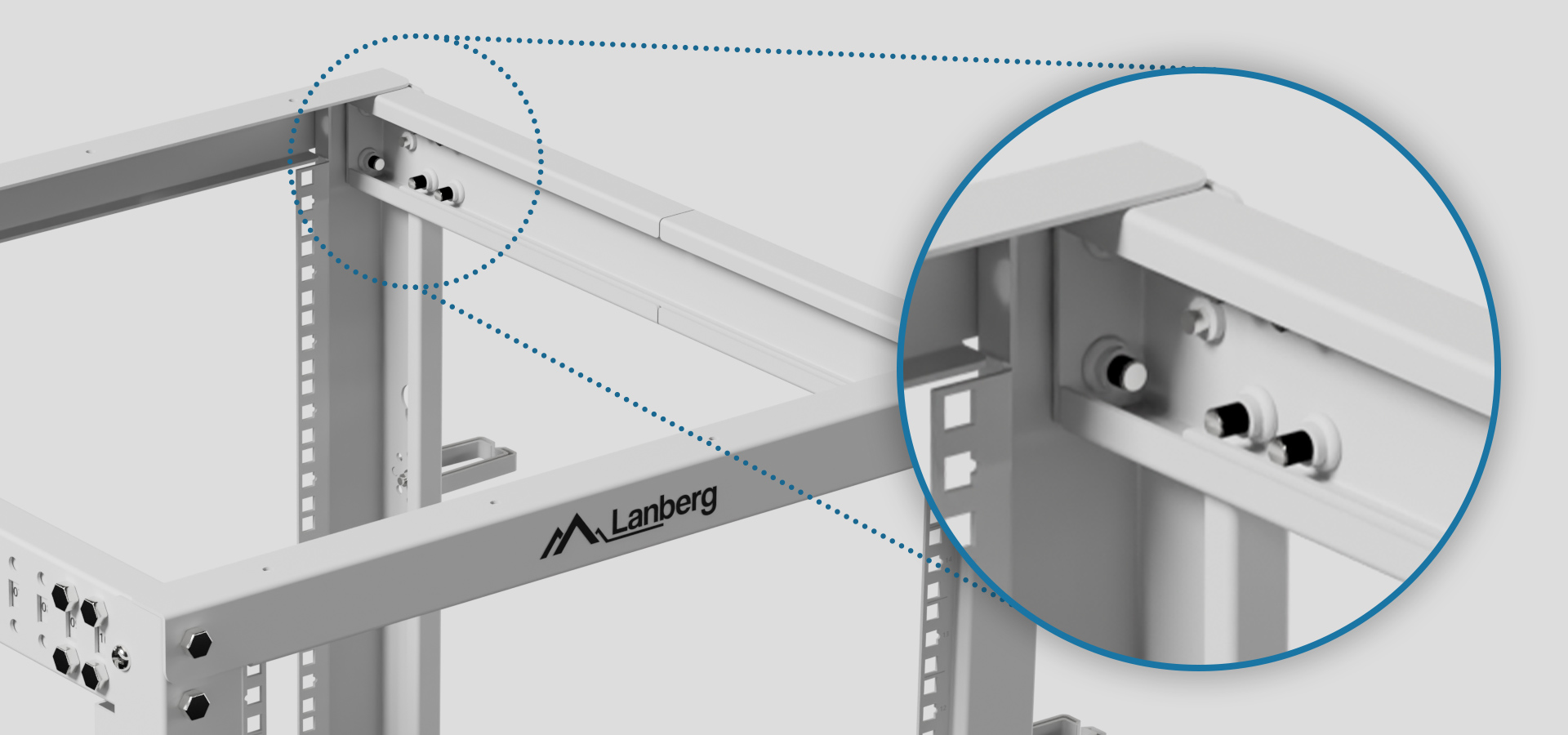 Regulowana otwarta szafa rack 19" 15U firmy Lanberg, prezentująca szczegółową konstrukcję ramy i cechy konstrukcyjne